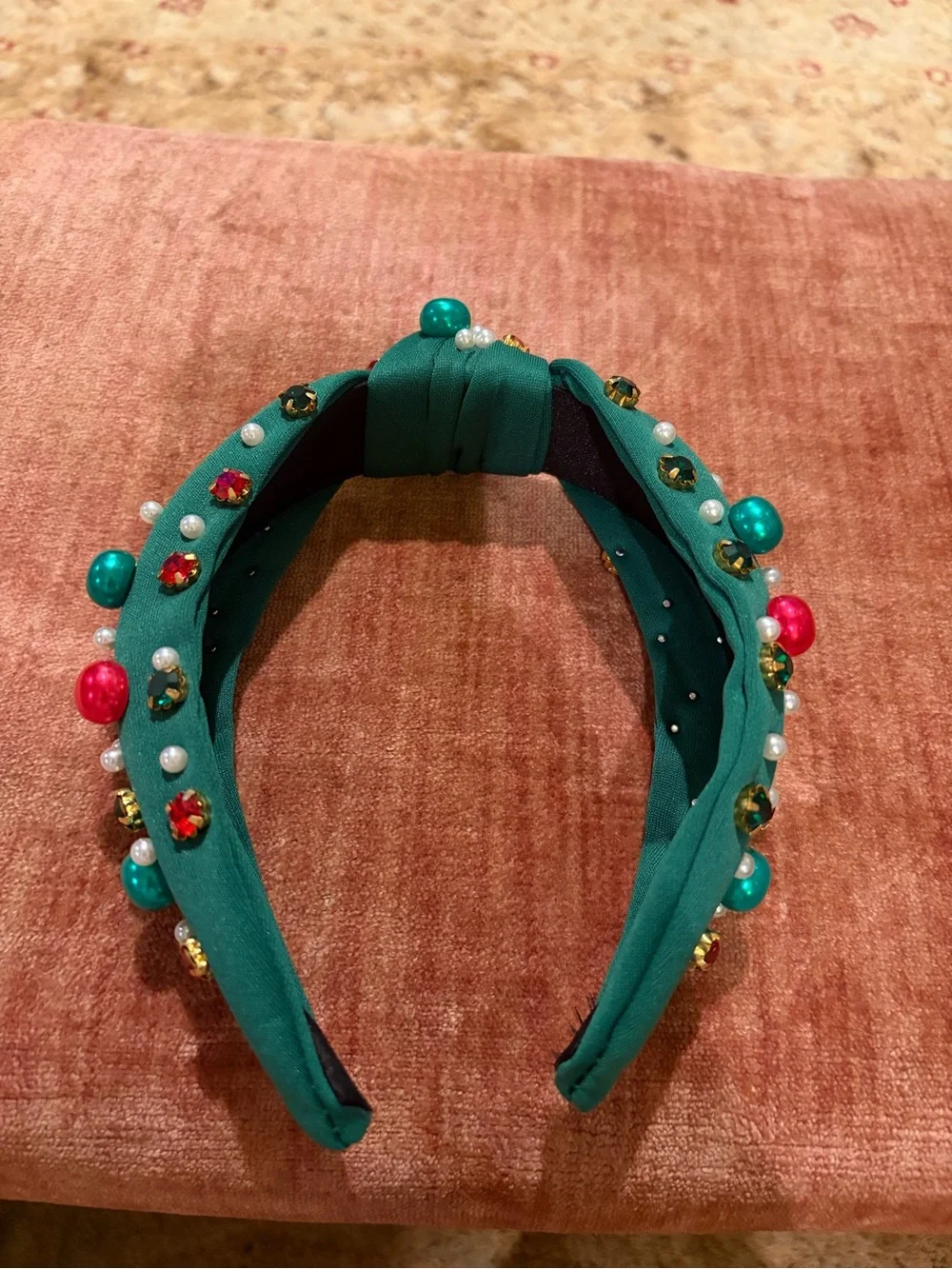 NWOT Embellished Emerald Knot Headband with Pearls & Gems Christmas teacher